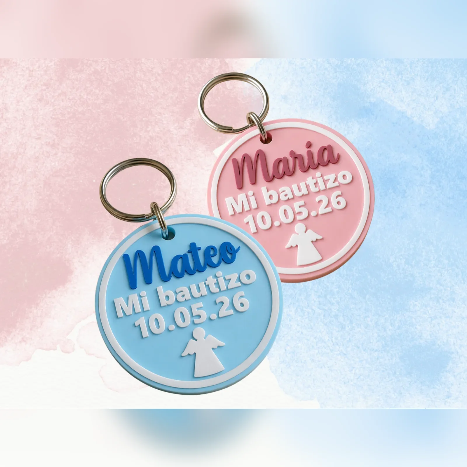 Llavero Bautizo con nombre, fecha y angelito — Ocasiones especiales personalizado